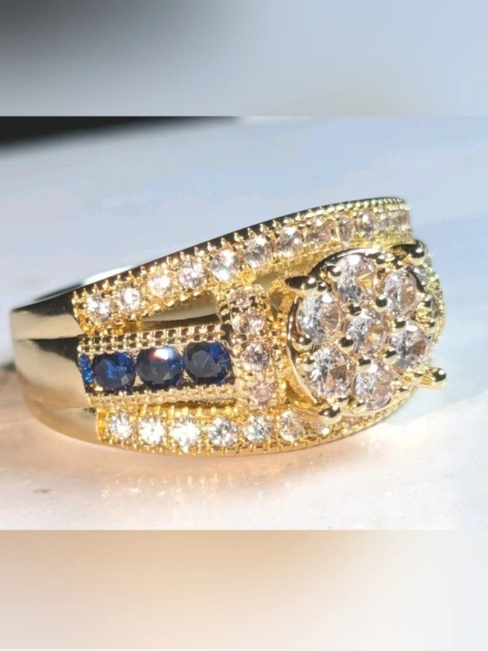 Classic Gold-Plated Blue Lab Created Sapphire Cluster Ring - Women Jewelry Sz 10